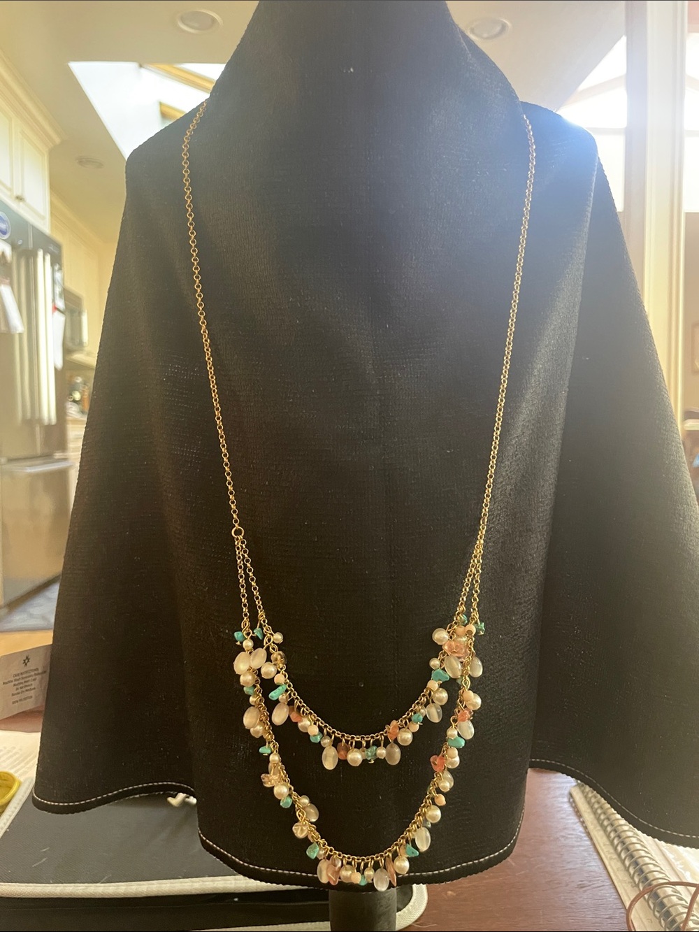 Ashley Cooper Gold Chain and Beaded Earth Tone Stone Double Layer Necklace. NWOT